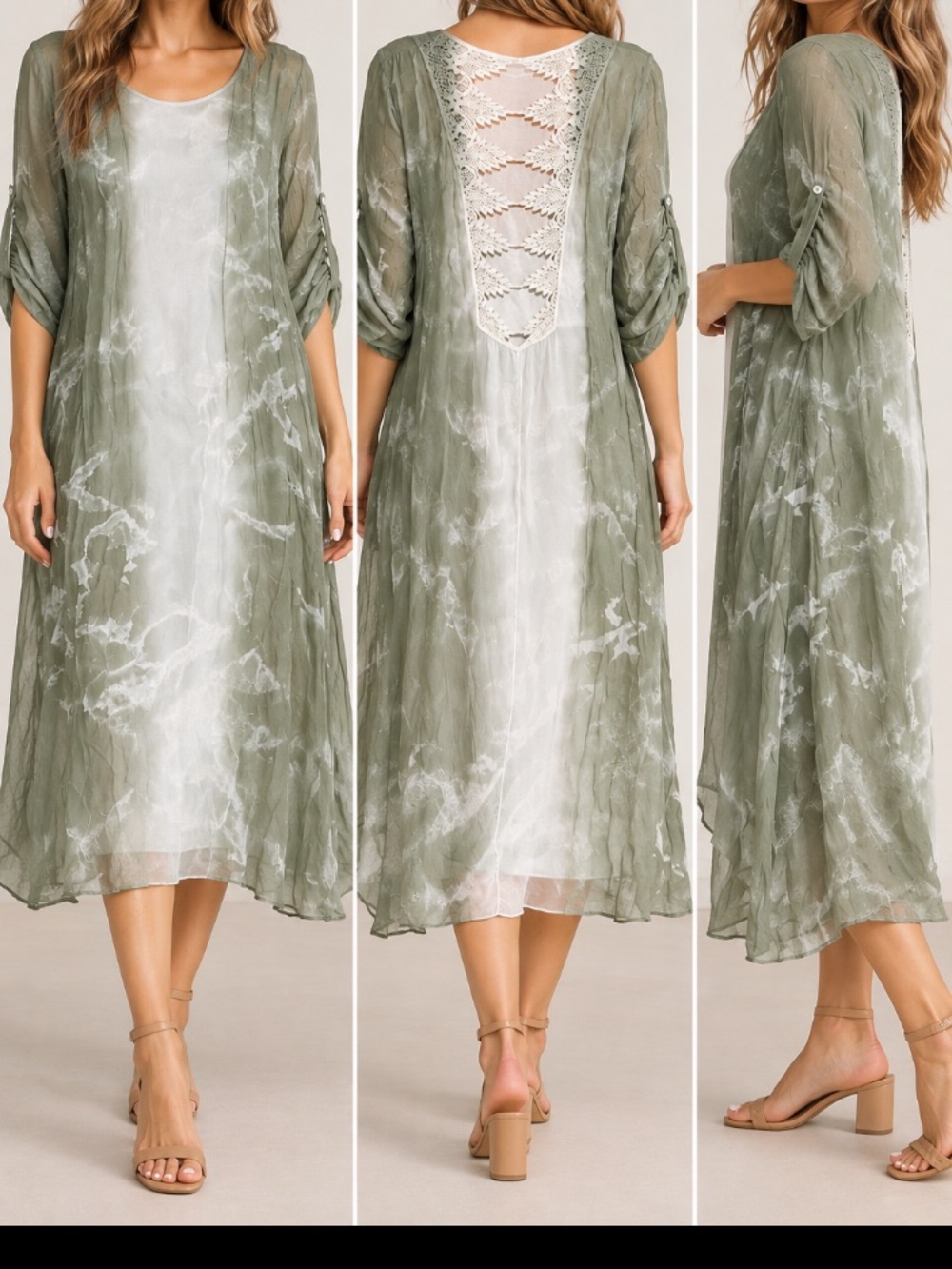 Made in Italy silk bland Olive Tie-Dye Lace-Back Midi Dress